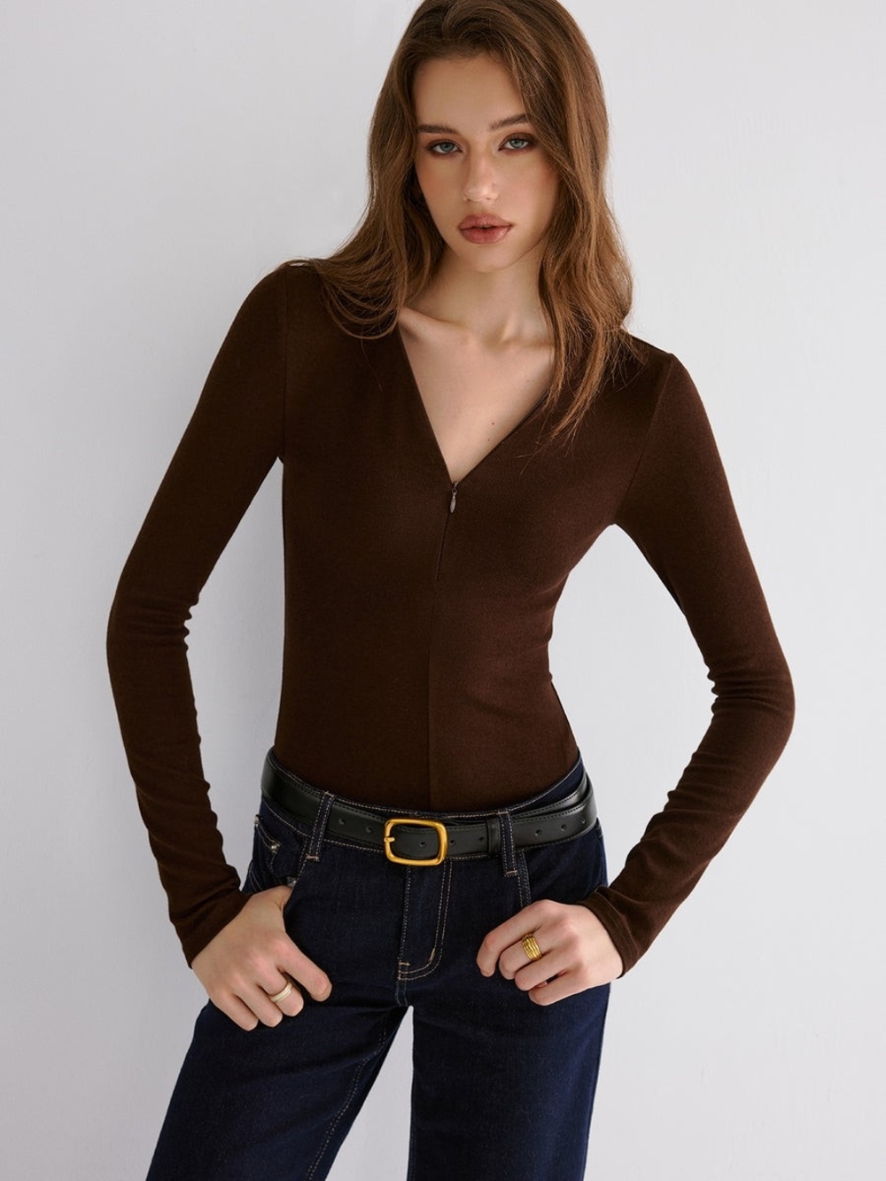 Classic Ribbed V-Neck Long Sleeve Top - Brown